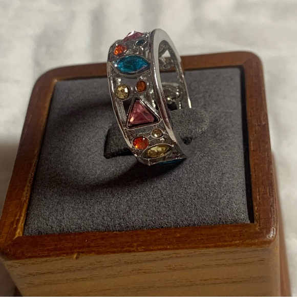 Geometric Multi-color Rhinestones Silver Plate Ring - Picture 4 of 7